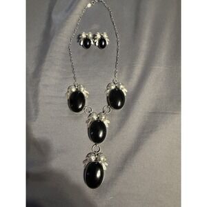 Vintage Sterling Silver Onyx Necklace and Earring Set Native American Signed NS